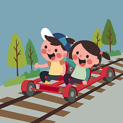 클립아트 나무 여자 남자 어린이 일러스트 두명 체험학습 레일바이크 국내일러스트 AI파일 식물 사람 바이크 체험 파일형식 벡터