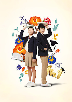 PSD 편집 편집이미지 학생 여자 교육 남자 꽃 교복 학사모 청소년 서기 두명 책 연필 한국인 청소년교육 넘버원 머리위 이미지편집 식물 모자_잡화 옷 졸업 모션 학용품 사람 동양인 필기구 파일형식