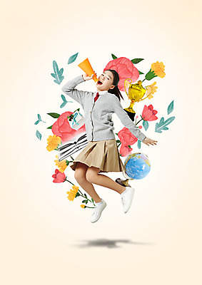 전신 PSD 편집 편집이미지 학생 여자 교육 꽃 교복 청소년 한명 책 선물상자 지구본 점프 확성기 외침 한국인 청소년교육 이미지편집 식물 1 옷 모션 선물 사람 동양인 상자 소리 파일형식