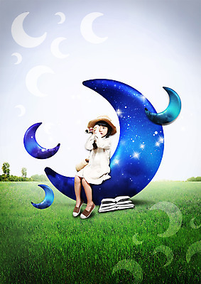 전신 PSD 편집 편집이미지 모자 어린이교육 교육 어린이 한명 앉기 소녀 잔디 책 일안경 한국인 관찰 야간 초승달 이미지편집 자연요소 식물 1 잡화 여자 모션 사람 동양인 망원경 달 파일형식