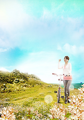 전신 PSD 구름 편집 편집이미지 여자 꽃 하늘 한명 서기 20대 성인 운동복 운동 자전거 파이팅 주먹 한국인 이미지편집 자연요소 식물 1 옷 모션 건강 사람 동양인 청년 바이크 파일형식