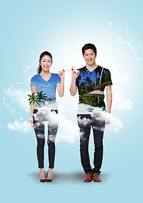 전신 PSD 구름 편집 편집이미지 여자 남자 여행 서기 웃음 20대 성인 두명 여름휴가 바캉스 야자수 실 일본인 휴양지 약속 새끼손가락 이미지편집 자연요소 외국인 나무 모션 휴가 표정 사람 동양인 청년 장소 파일형식 여름_계절