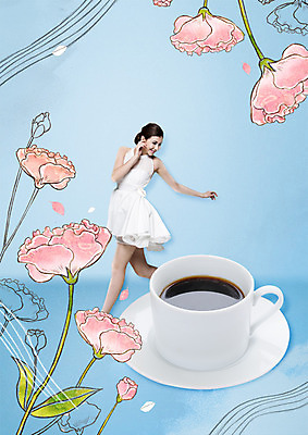 PSD 서양인 편집 편집이미지 원피스 여자 꽃 커피 음식 한명 서기 웃음 20대 성인 커피잔 컵받침 이미지편집 외국인 식물 1 옷 음료 모션 잔 표정 사람 청년 받침대 파일형식