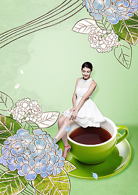 전신 PSD 서양인 편집 편집이미지 원피스 여자 꽃 커피 음식 한명 앉기 20대 성인 커피잔 컵받침 수국 이미지편집 외국인 식물 1 옷 음료 모션 잔 사람 청년 받침대 파일형식