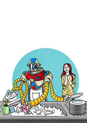 PSD 그릇 여자 일러스트 미래 한명 성인 기계 만화 설거지 로봇 개수대 4차산업 미래산업 AI_인공지능 국내일러스트 1 식기 산업 컨셉 가사 사람 파일형식