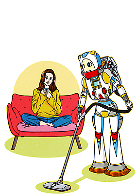 PSD 여자 의자 일러스트 미래 한명 성인 기계 만화 로봇 청소기 청소로봇 4차산업 미래산업 AI_인공지능 국내일러스트 1 산업 가구 컨셉 사람 전자제품 청소도구 파일형식