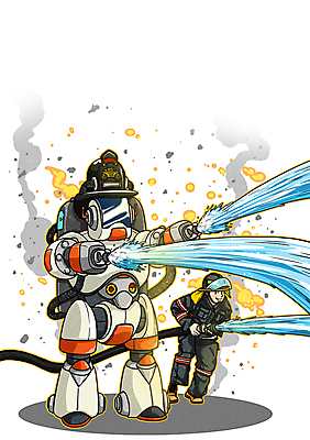 PSD 남자 일러스트 미래 한명 성인 기계 만화 소방관 소방 로봇 소방호스 4차산업 방호복 미래산업 AI_인공지능 국내일러스트 1 옷 산업 컨셉 사람 구조원 호스 파일형식