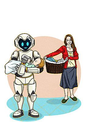 PSD 여자 일러스트 미래 성인 두명 기계 육아 아기 젖병 만화 로봇 빨래바구니 4차산업 미래산업 AI_인공지능 국내일러스트 산업 컨셉 사람 바구니 아기용품 빨래 파일형식