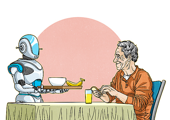 PSD 노년 남자 일러스트 식탁 미래 쟁반 바나나 한명 성인 기계 아침식사 만화 로봇 4차산업 혼족 미래산업 AI_인공지능 국내일러스트 1 산업 컨셉 과일 탁자 사람 식사 싱글라이프 파일형식