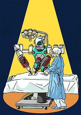 PSD 남자 일러스트 의학 미래 성인 두명 기계 의사 수술 만화 로봇 4차산업 미래산업 의료로봇 AI_인공지능 국내일러스트 산업 컨셉 사람 치료 의료진 파일형식