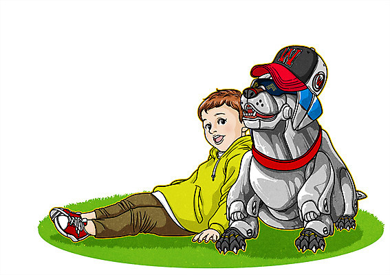 PSD 모자 남자 어린이 일러스트 미래 한명 기계 강아지 만화 로봇 4차산업 미래산업 AI_인공지능 국내일러스트 1 잡화 산업 컨셉 사람 반려동물 개 파일형식