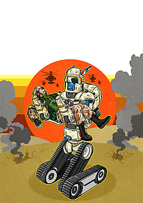 PSD 남자 일러스트 미래 한명 성인 기계 구출 만화 로봇 전쟁터 4차산업 미래산업 AI_인공지능 국내일러스트 1 산업 컨셉 사람 도움 전쟁 파일형식