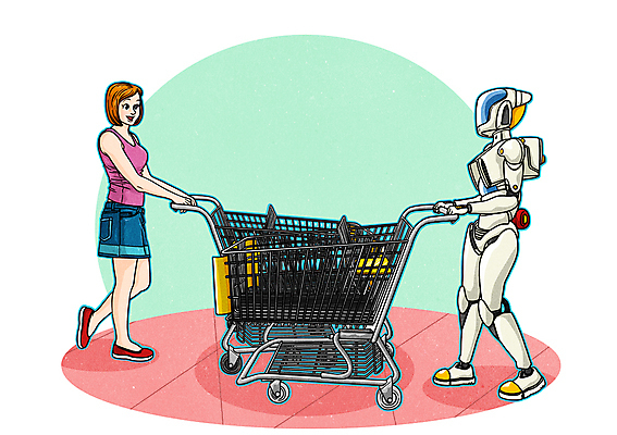 PSD 여자 일러스트 미래 한명 성인 장보기 기계 쇼핑카 만화 로봇 4차산업 미래산업 AI_인공지능 국내일러스트 1 산업 컨셉 사람 쇼핑 카트 파일형식