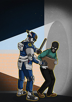 PSD 남자 서류가방 일러스트 미래 한명 성인 기계 경찰 만화 도둑 절도 로봇 4차산업 미래산업 AI_인공지능 국내일러스트 직업 1 산업 컨셉 가방 사람 범죄 범죄인 파일형식