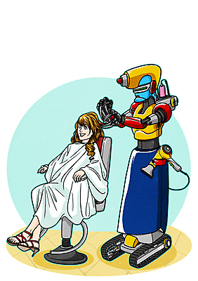 PSD 여자 일러스트 미래 한명 성인 기계 미용실 드라이어 만화 미용사 로봇 4차산업 미래산업 AI_인공지능 국내일러스트 직업 1 산업 컨셉 사람 미용용품 뷰티샵 파일형식