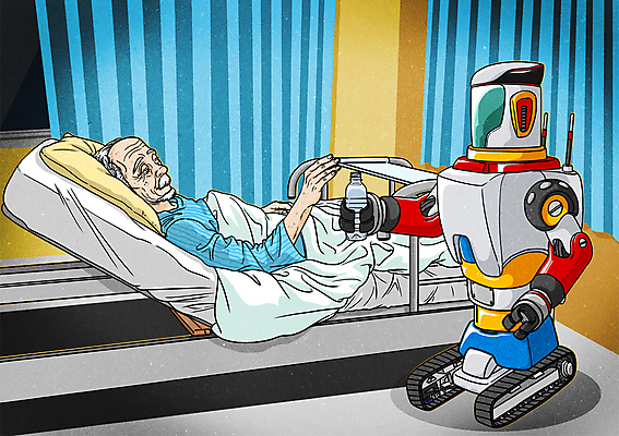 PSD 노년 남자 일러스트 미래 한명 성인 눕기 기계 도움 만화 물병 로봇 병상 4차산업 미래산업 AI_인공지능 국내일러스트 1 산업 컨셉 모션 사람 물통 파일형식