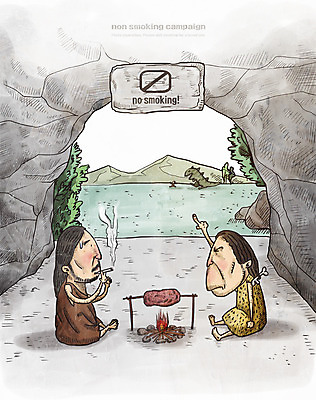 PSD 남자 캠페인 일러스트 산 흡연 담배 성인 두명 동굴 모닥불 공룡 금연 동굴집 원시인 국내일러스트 파충류 불 사람 사회이슈 파일형식