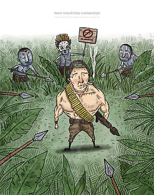 PSD 남자 창 캠페인 일러스트 흡연 담배 여러명 성인 총 금연 풀숲 원시인 총알 금연표지판 람보 국내일러스트 무기 다수 사람 표지판 숲 사회이슈 파일형식