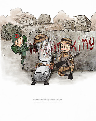 PSD 남자 캠페인 일러스트 흡연 담배 성인 두명 군인 총 군복 탱크 금연 담배연기 전쟁터 국내일러스트 직업 무기 유니폼 사람 연기 사회이슈 전쟁 국군 파일형식