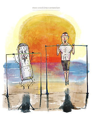 PSD 남자 캠페인 일러스트 흡연 담배 매달리기 한명 성인 태양 금연 철봉 오래매달리기 국내일러스트 자연요소 1 모션 사람 사회이슈 파일형식