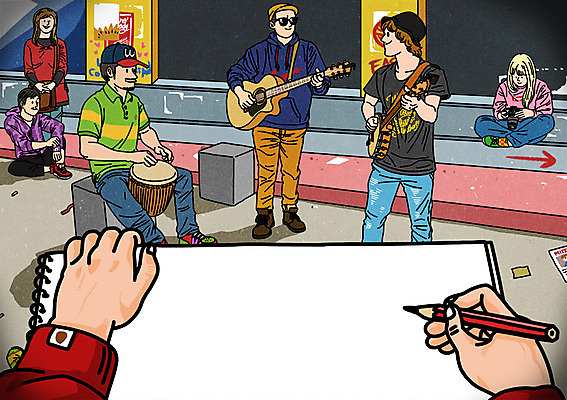 PSD 여자 남자 일러스트 여러명 성인 연필 공백 기타 스케치북 북 거리공연 길거리공연 배경삽화 1인칭시점 국내일러스트 시선 다수 현악기 학용품 타악기 사람 필기구 공연 파일형식