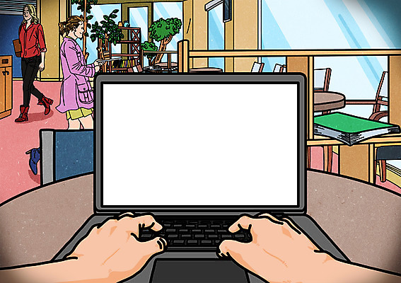 PSD 여자 일러스트 책장 실내 성인 책 세명 노트북 공백 도서관 배경삽화 1인칭시점 국내일러스트 시선 교육 가구 사람 내부 전자제품 파일형식