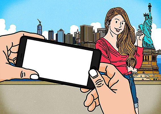 PSD 여자 일러스트 한명 빌딩 성인 스마트폰 사진촬영 공백 뉴욕 자유의여신상 배경삽화 1인칭시점 국내일러스트 1 시선 사람 건물 핸드폰 스마트기기 촬영 미국 세계문화유산 파일형식