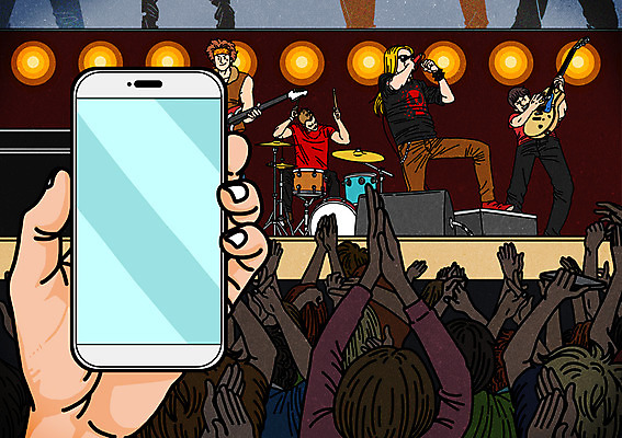 PSD 여자 남자 일러스트 여러명 성인 스마트폰 촬영 공백 공연 기타 밴드 군중 드럼 객석 배경삽화 1인칭시점 국내일러스트 시선 음악 다수 현악기 타악기 사람 이벤트 핸드폰 스마트기기 파일형식