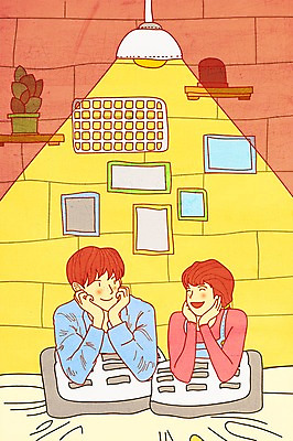 PSD 커플 여자 남자 화분 액자 쿠션 데이트 일러스트 조명 선반 실내 대화 사랑 두명 턱괴기 국내일러스트 감정 가구 관계 모션 말하기 사람 내부 파일형식