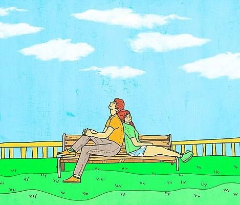 주간 PSD 구름 커플 여자 남자 여유 벤치 데이트 일러스트 사랑 야외 두명 기댐 국내일러스트 자연요소 감정 의자 관계 모션 사람 파일형식