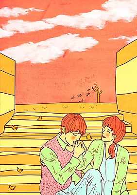 주간 PSD 나무 구름 커플 여자 남자 낙엽 데이트 일러스트 사랑 야외 두명 계단 국내일러스트 자연요소 식물 감정 잎 관계 사람 파일형식