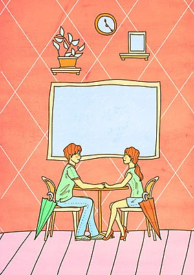 PSD 커플 여자 남자 화분 시계 의자 데이트 일러스트 우산 창문 탁자 선반 사랑 두명 손잡기 국내일러스트 감정 가구 관계 모션 사람 파일형식