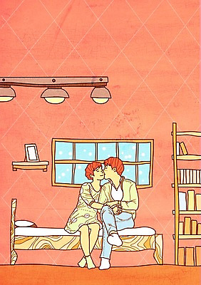 PSD 커플 여자 남자 데이트 일러스트 창문 조명 책장 선반 키스 사랑 두명 책 방 침대 국내일러스트 감정 가구 관계 사람 애정표현 파일형식