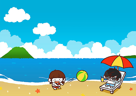 PSD 구름 여자 남자 수영복 어린이 바다 섬 일러스트 두명 여름휴가 바캉스 파라솔 비치볼 선베드 국내일러스트 자연요소 옷 의자 공 휴가 바캉스용품 사람 파일형식 여름_계절