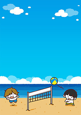 PSD 구름 남자 어린이 바다 일러스트 해변 두명 여름휴가 바캉스 비치볼 비치발리볼 배구 국내일러스트 자연요소 공 휴가 바캉스용품 사람 구기 파일형식 여름_계절