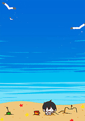 PSD 남자 어린이 바다 일러스트 갈매기 한명 해변 여름휴가 바캉스 바구니 삽 모래성 국내일러스트 1 모래 조류 휴가 사람 파일형식 여름_계절