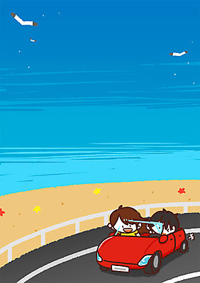 PSD 여자 남자 도로 어린이 바다 일러스트 자동차 갈매기 두명 여름휴가 바캉스 드라이브 국내일러스트 길 육상교통 교통시설 조류 휴가 사람 운전 파일형식 여름_계절