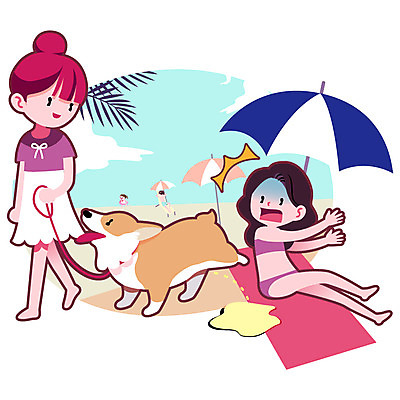 주간 여자 남자 일러스트 여러명 성인 해변 야외 여름 여름휴가 바캉스 놀람 예절 파라솔 강아지 소변 펫티켓 국내일러스트 AI파일 자연요소 계절 감정 바다 다수 휴가 표정 사람 반려동물 개 파일형식 벡터 여름_계절
