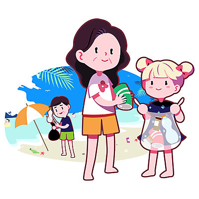 주간 여자 남자 어린이 일러스트 여러명 성인 해변 야외 여름 여름휴가 바캉스 자연보호 예절 파라솔 캔 쓰레기 페트병 쓰레기봉투 정리정돈 비치코밍 국내일러스트 AI파일 자연요소 계절 바다 다수 자연 휴가 봉투 사람 그린캠페인 보호 병_담는 파일형식 벡터 여름_계절