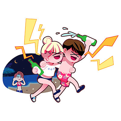 여자 남자 일러스트 술병 성인 해변 야외 세명 여름 여름휴가 바캉스 예절 야간 만취 고성방가 국내일러스트 AI파일 자연요소 계절 바다 병_용기 휴가 주류 사람 소음 술취함 파일형식 벡터 여름_계절