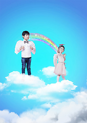 전신 PSD 구름 편집 편집이미지 어린이교육 교육 어린이 무지개 하늘 서기 소녀 소년 두명 한국인 천사날개 요술봉 이미지편집 자연요소 여자 남자 날개 모션 천사 사람 동양인 파일형식