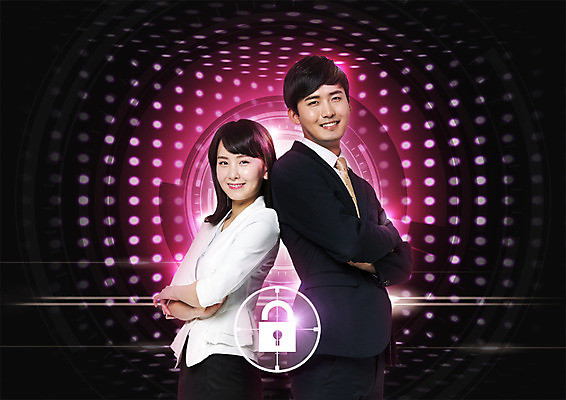 PSD 편집 편집이미지 여자 남자 비즈니스 자물쇠 웃음 상반신 20대 성인 두명 팔짱 디지털 한국인 등맞대기 비즈니스맨 비즈니스우먼 보안 이미지편집 모션 표정 안전 사람 동양인 청년 직장인 파일형식