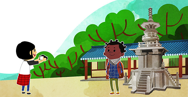 주간 PSD 외국인 나무 여자 남자 어린이 여행 흑인 일러스트 야외 두명 관광지 여행객 카메라 사진촬영 한국인 국내여행 다보탑 국내일러스트 자연요소 서양인 식물 사람 동양인 인종 전자제품 촬영 석탑 불국사 파일형식