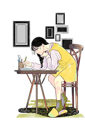 전신 PSD 라이프스타일 여자 액자 의자 일러스트 한명 앉기 성인 취미 연필 턱괴기 기록 책상 연필꽂이 안식처 국내일러스트 1 가구 모션 휴식 문구용품 학용품 사람 생활 필기구 파일형식