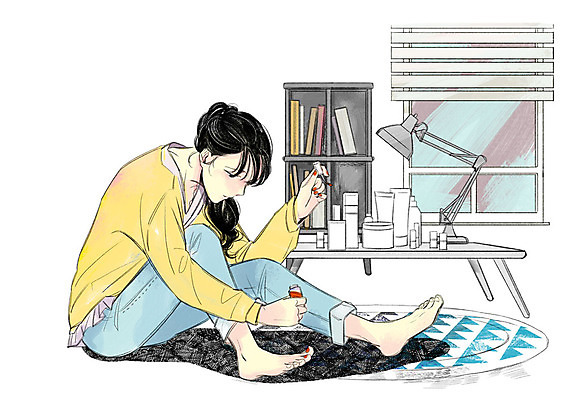 전신 PSD 라이프스타일 여자 일러스트 창문 책장 한명 성인 취미 책 화장품 블라인드 책상 매니큐어 페디큐어 국내일러스트 1 가구 사람 생활 뷰티 커튼 파일형식