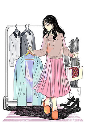 전신 PSD 라이프스타일 옷 여자 화분 구두 일러스트 선인장 한명 성인 취미 쇼핑 쇼핑백 옷걸이 스탠드옷걸이 국내일러스트 식물 1 신발 가방 사람 생활 파일형식