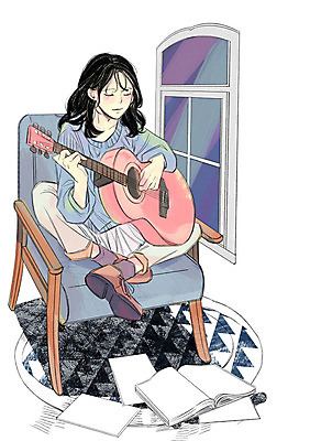 전신 PSD 라이프스타일 여자 의자 일러스트 창문 한명 앉기 성인 취미 책 기타 안식처 국내일러스트 1 가구 모션 현악기 휴식 사람 생활 파일형식