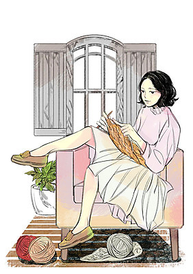 전신 PSD 라이프스타일 여자 화분 의자 일러스트 창문 한명 성인 취미 뜨개질 털실 국내일러스트 1 가구 사람 생활 실 파일형식