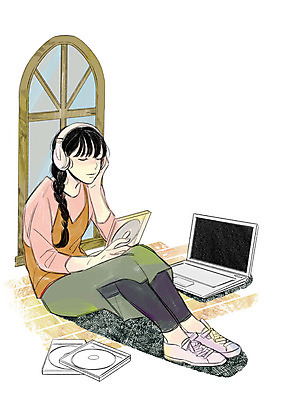 전신 PSD 라이프스타일 여자 일러스트 창문 한명 성인 취미 노트북 헤드셋 음악감상 CD 국내일러스트 1 음향기기 사람 생활 전자제품 헤드폰 감상 파일형식