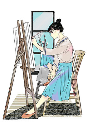 전신 PSD 라이프스타일 여자 의자 일러스트 창문 한명 성인 취미 붓 그리기 이젤 안식처 국내일러스트 1 가구 모션 휴식 사람 생활 미술도구 파일형식